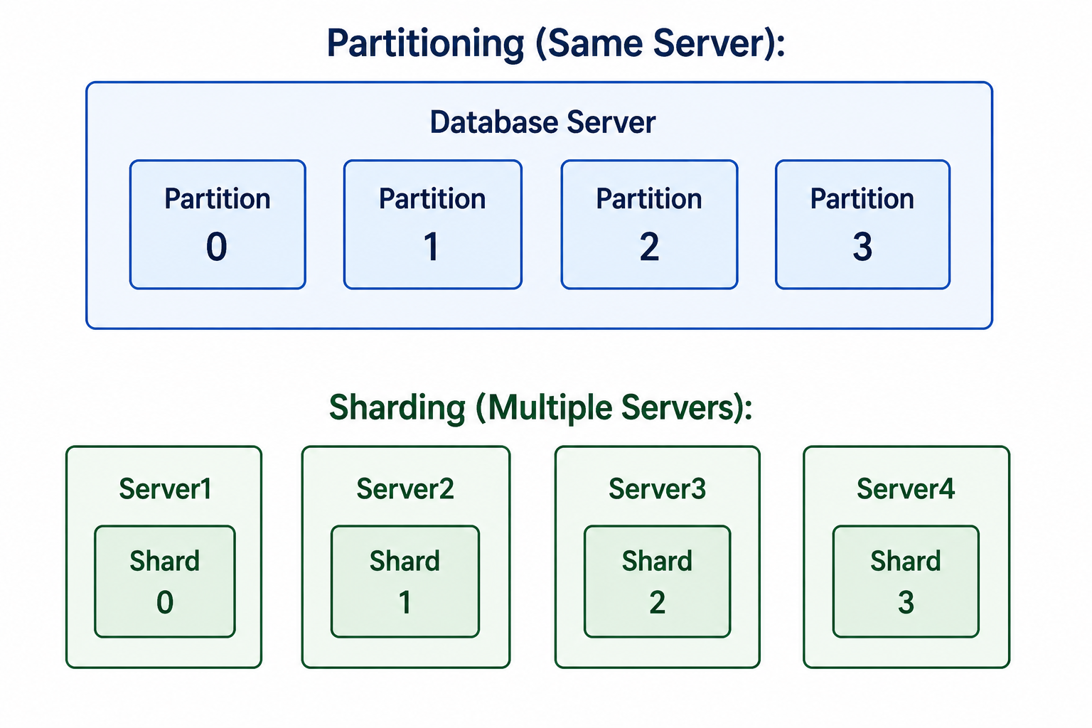 Partitioning vs Sharding visual comparison